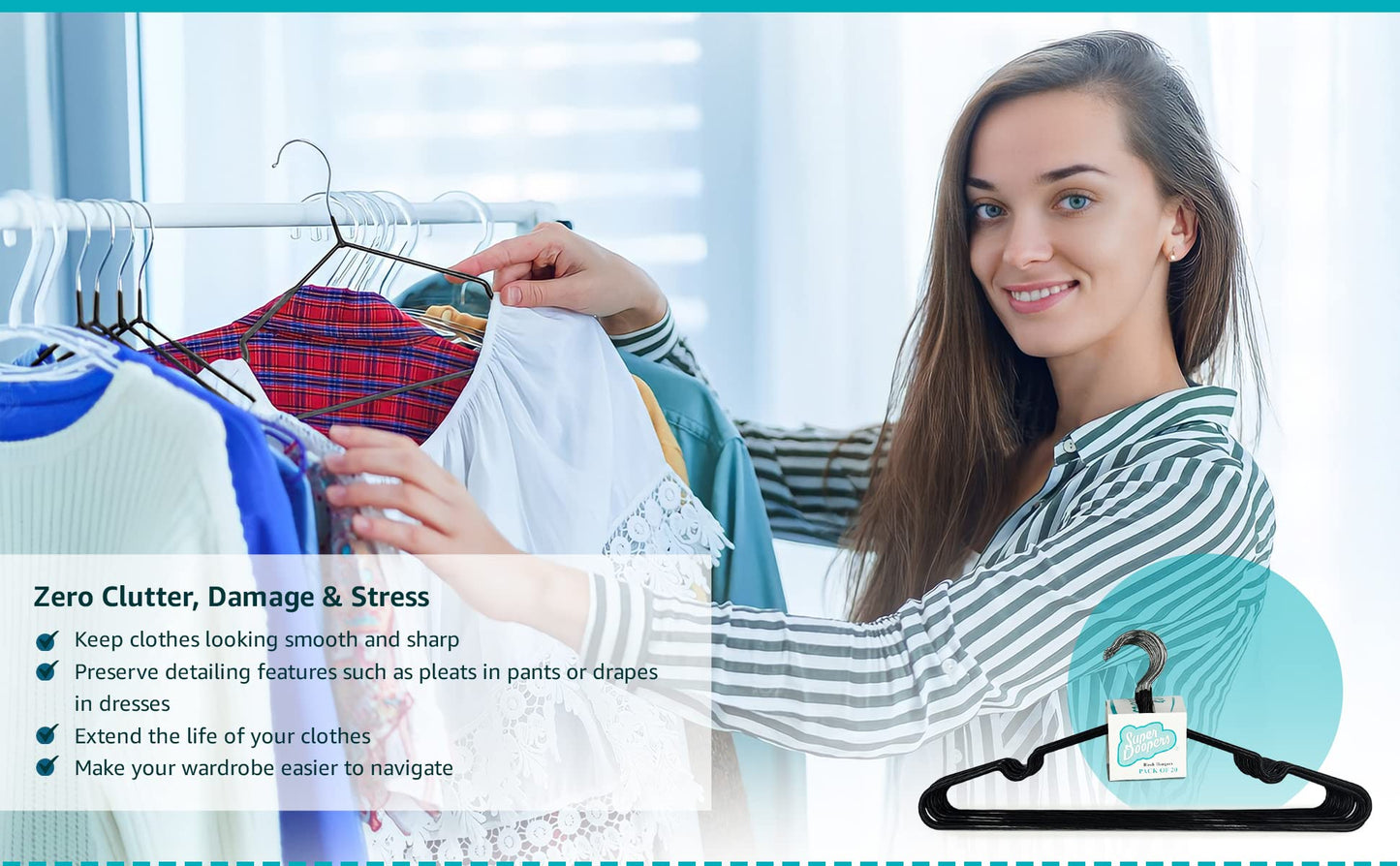 uper Doopers PVC Coated Metal Hangers - Metal Wire Hangers with Non-Slip Notches - Heavy Duty, Slim & Space-Saving Storage Holders for Clothes, Coats, Shirts - 40.5cm Long, 18cm Tall - 20-Pack
