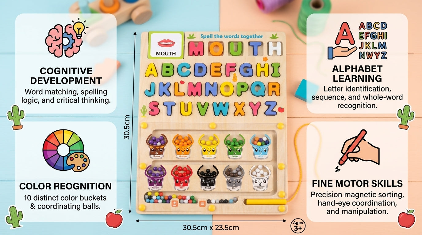 2-in-1 Montessori Busy Board for Kids 3+ – Alphabet Learning, Word Spelling Cards, Bead Sorting & Writing Whiteboard