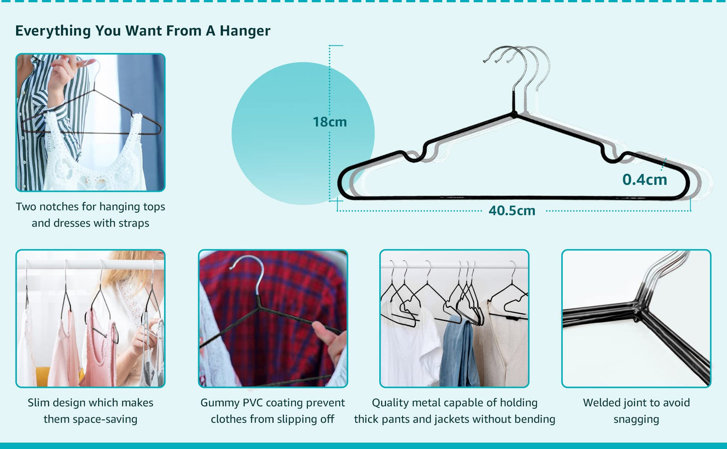 uper Doopers PVC Coated Metal Hangers - Metal Wire Hangers with Non-Slip Notches - Heavy Duty, Slim & Space-Saving Storage Holders for Clothes, Coats, Shirts - 40.5cm Long, 18cm Tall - 20-Pack