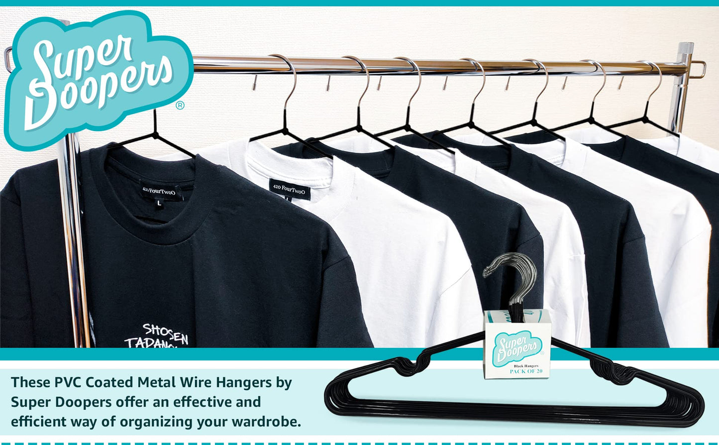 uper Doopers PVC Coated Metal Hangers - Metal Wire Hangers with Non-Slip Notches - Heavy Duty, Slim & Space-Saving Storage Holders for Clothes, Coats, Shirts - 40.5cm Long, 18cm Tall - 20-Pack