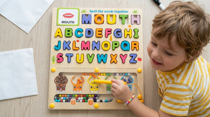 2-in-1 Montessori Busy Board for Kids 3+ – Alphabet Learning, Word Spelling Cards, Bead Sorting & Writing Whiteboard