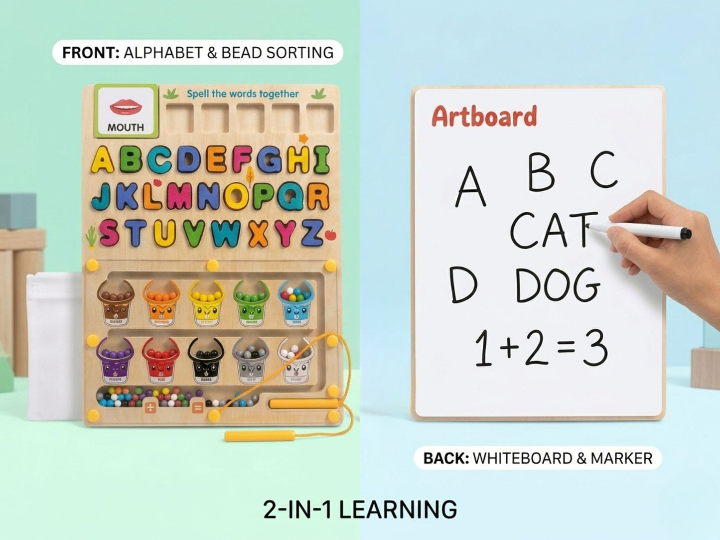 2-in-1 Montessori Busy Board for Kids 3+ – Alphabet Learning, Word Spelling Cards, Bead Sorting & Writing Whiteboard