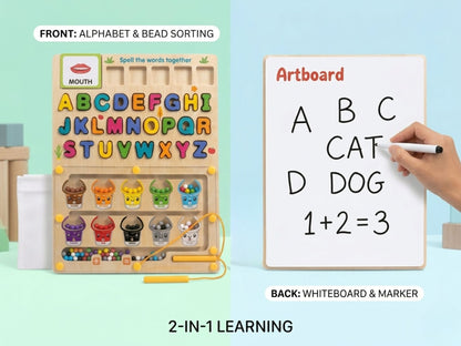 2-in-1 Montessori Busy Board for Kids 3+ – Alphabet Learning, Word Spelling Cards, Bead Sorting & Writing Whiteboard