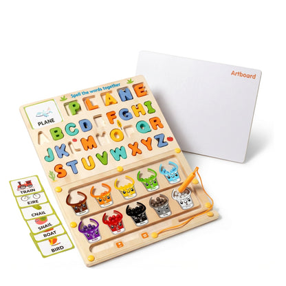 2-in-1 Montessori Busy Board for Kids 3+ – Alphabet Learning, Word Spelling Cards, Bead Sorting & Writing Whiteboard