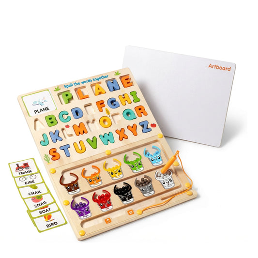2-in-1 Montessori Busy Board for Kids 3+ – Alphabet Learning, Word Spelling Cards, Bead Sorting & Writing Whiteboard